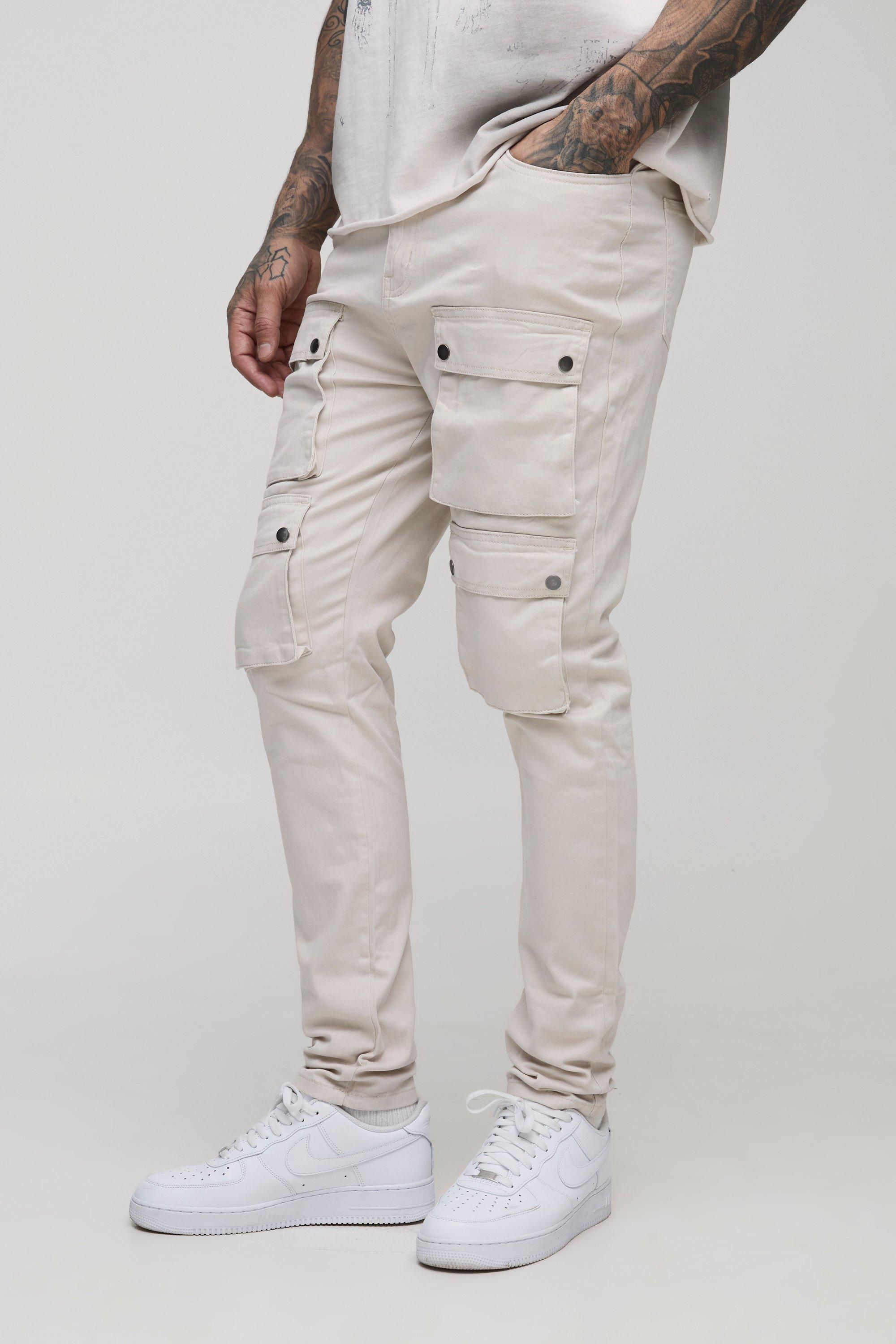 Mens Beige Tall Fixed Waist Multi Cargo Skinny Cargo Trousers, Beige
